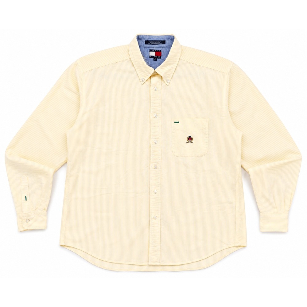 Tommy Hilfiger Mens Large Yellow White Striped Oxford Button Down Shirt Vintage